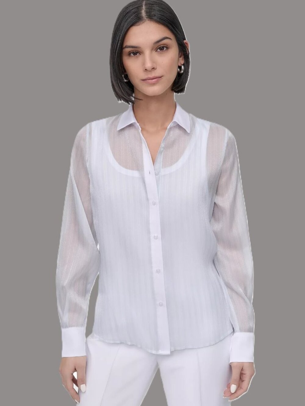 DKNY Pale Aqua Striped Sheer Organza Button Front Shirt, Size Large